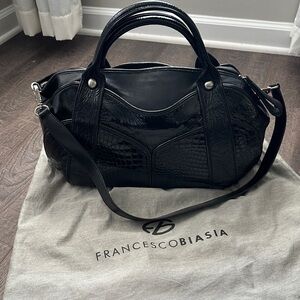 Stuart Weitzman Black Patent Croc-Texture Satchel